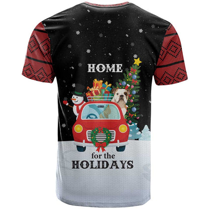 Merry Christmas Bulldog And Snowman T-Shirt Dog Snowman Christmas Tree and Red Car Winter Scene Graphic Tee