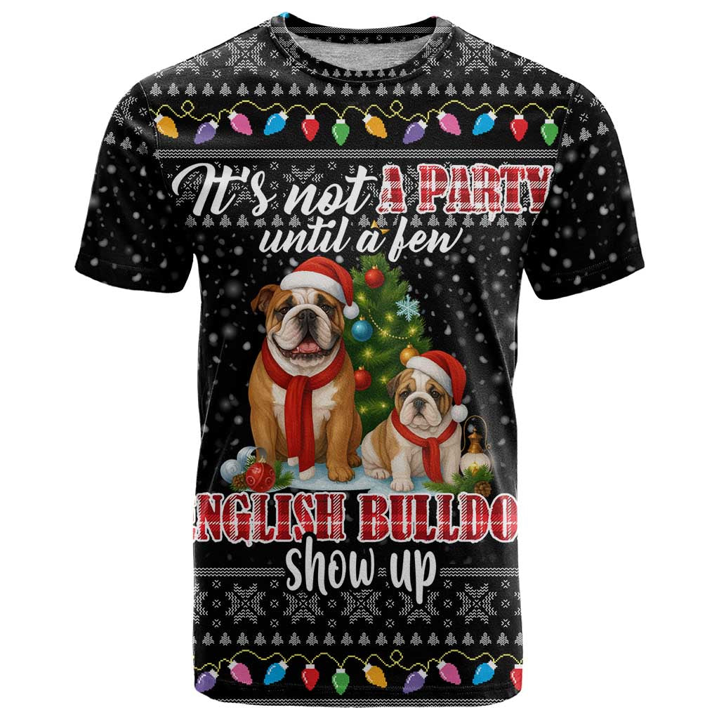 English Bulldog Show Up Christmas T-Shirt Funny Xmas Holiday Patterns Graphic Tee