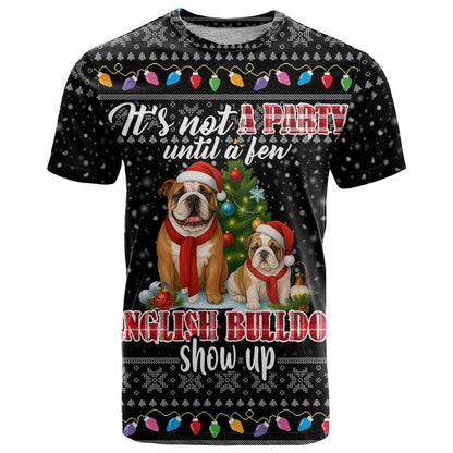 English Bulldog Show Up Christmas T-Shirt Funny Xmas Holiday Patterns Graphic Tee