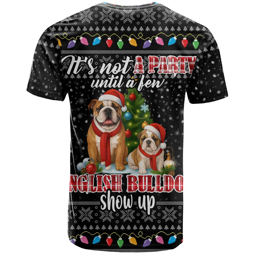 English Bulldog Show Up Christmas T-Shirt Funny Xmas Holiday Patterns Graphic Tee