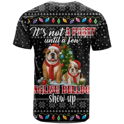 English Bulldog Show Up Christmas T-Shirt Funny Xmas Holiday Patterns Graphic Tee