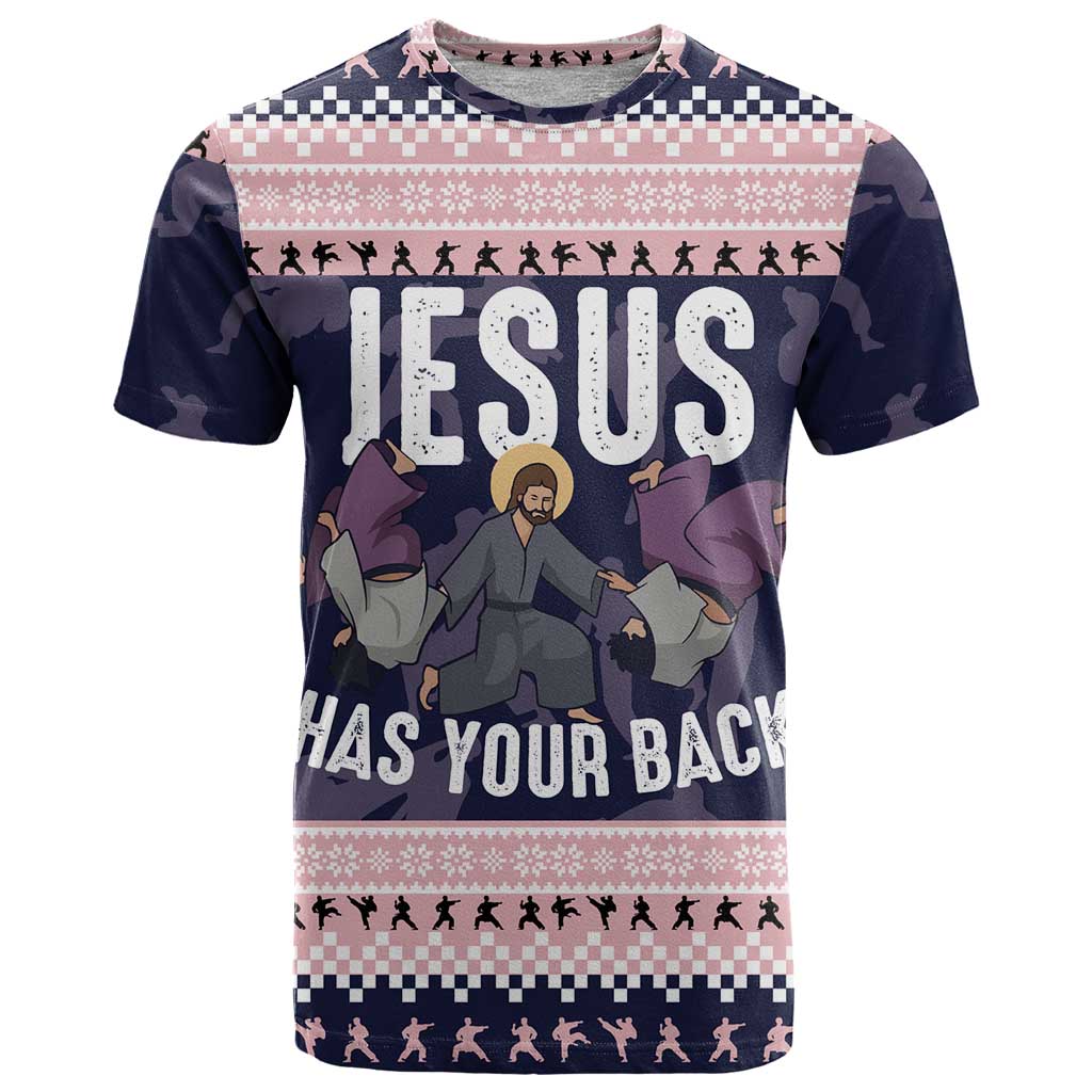 Jesus Has Your Back Jiu Jitsu Christmas T-Shirt Funny Xmas Holiday Patterns Graphic Tee