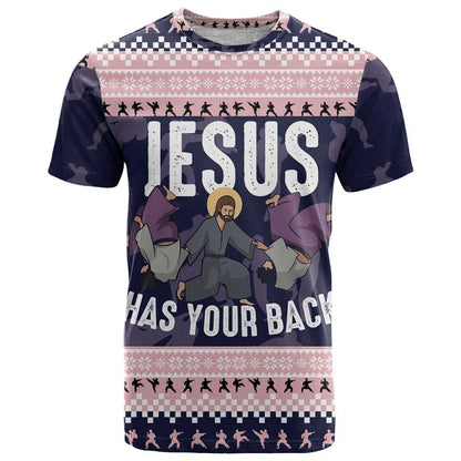 Jesus Has Your Back Jiu Jitsu Christmas T-Shirt Funny Xmas Holiday Patterns Graphic Tee