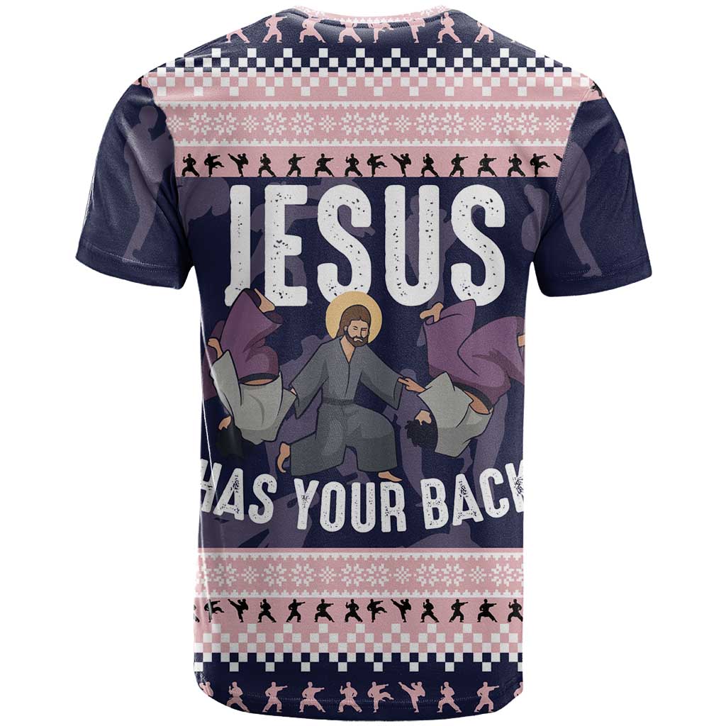 Jesus Has Your Back Jiu Jitsu Christmas T-Shirt Funny Xmas Holiday Patterns Graphic Tee