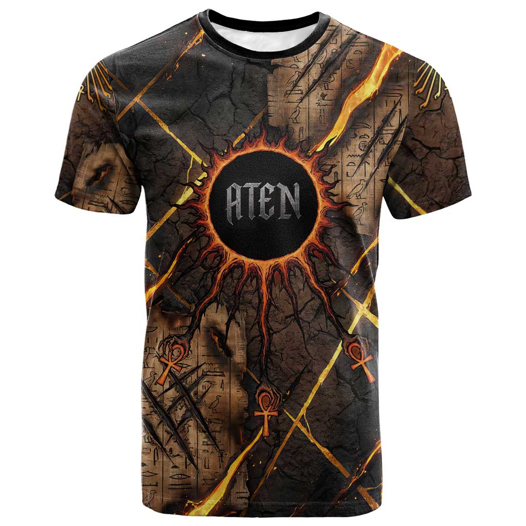Aten T-Shirt Ancient Egyptian Cracked Stone Hieroglyph, Solar Eclipse Emblem, and Radiant Sunburst Graphic Tee