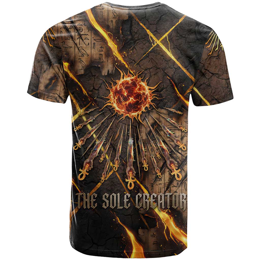 Aten T-Shirt Ancient Egyptian Cracked Stone Hieroglyph, Solar Eclipse Emblem, and Radiant Sunburst Graphic Tee