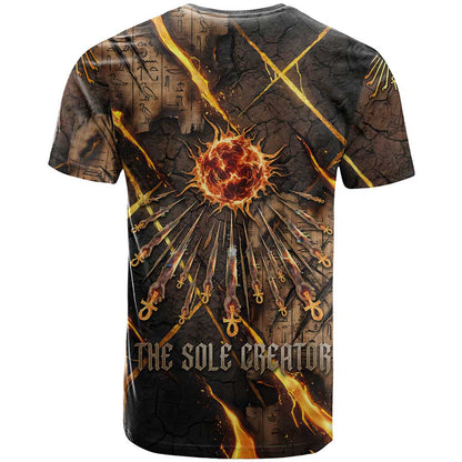 Aten T-Shirt Ancient Egyptian Cracked Stone Hieroglyph, Solar Eclipse Emblem, and Radiant Sunburst Graphic Tee