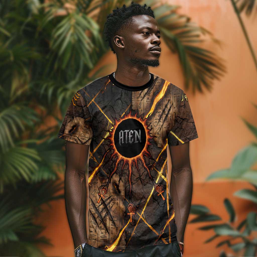 Aten T-Shirt Ancient Egyptian Cracked Stone Hieroglyph, Solar Eclipse Emblem, and Radiant Sunburst Graphic Tee