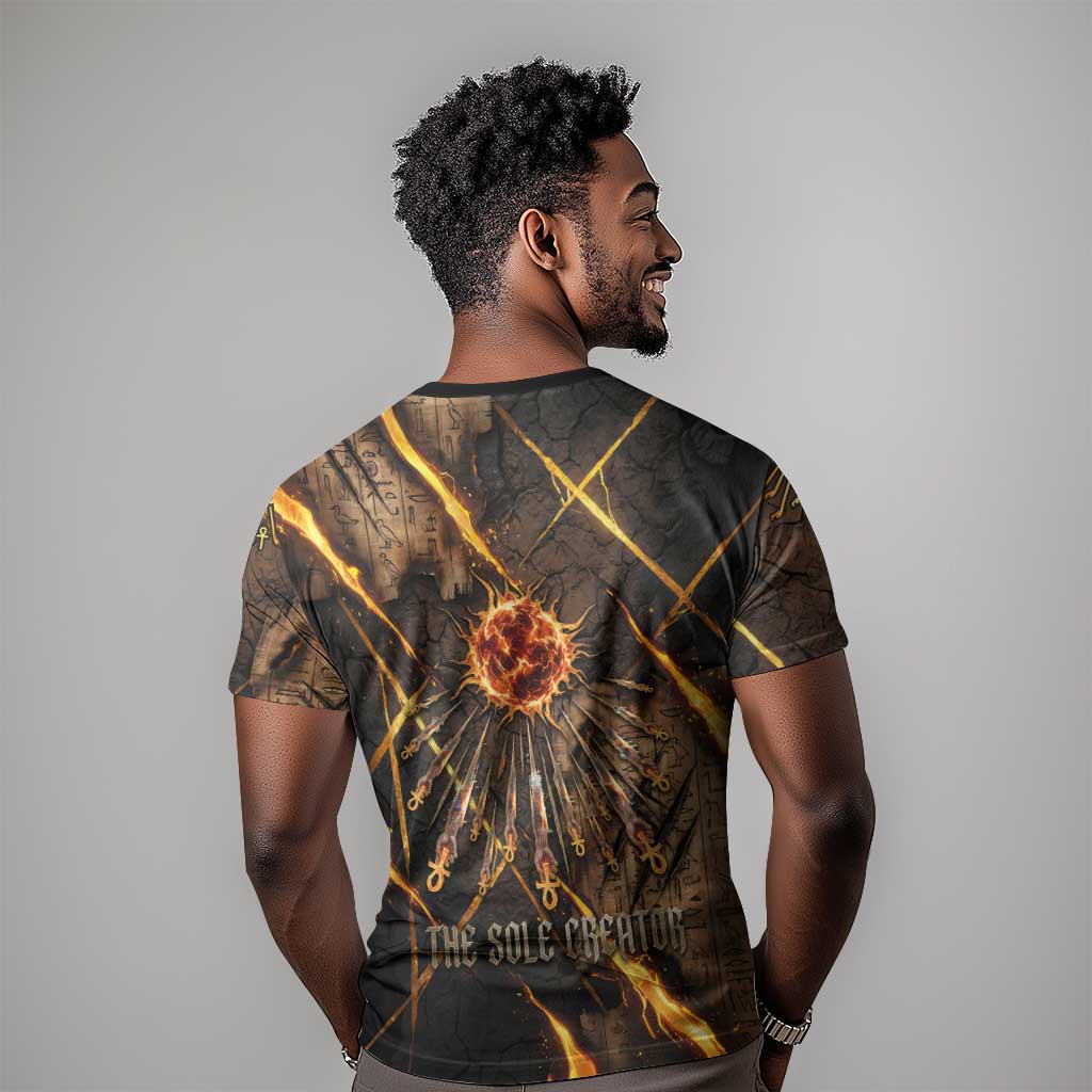 Aten T-Shirt Ancient Egyptian Cracked Stone Hieroglyph, Solar Eclipse Emblem, and Radiant Sunburst Graphic Tee