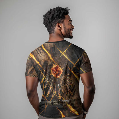 Aten T-Shirt Ancient Egyptian Cracked Stone Hieroglyph, Solar Eclipse Emblem, and Radiant Sunburst Graphic Tee