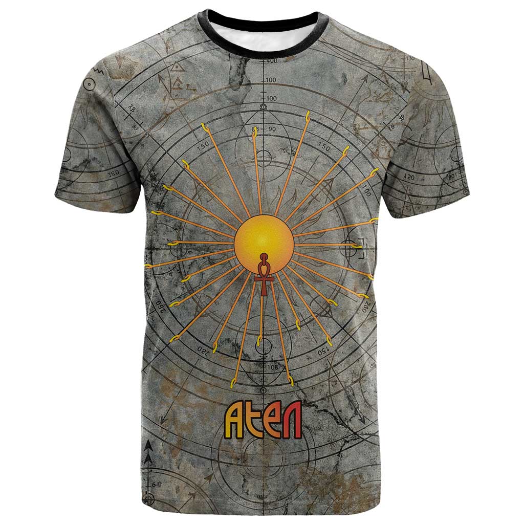Aten Ancient Egyptian T-Shirt with Gray Astronomical Chart, Radiant Sun Disc Emblem, and Ankh Graphic Tee