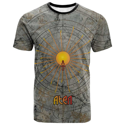 Aten Ancient Egyptian T-Shirt with Gray Astronomical Chart, Radiant Sun Disc Emblem, and Ankh Graphic Tee
