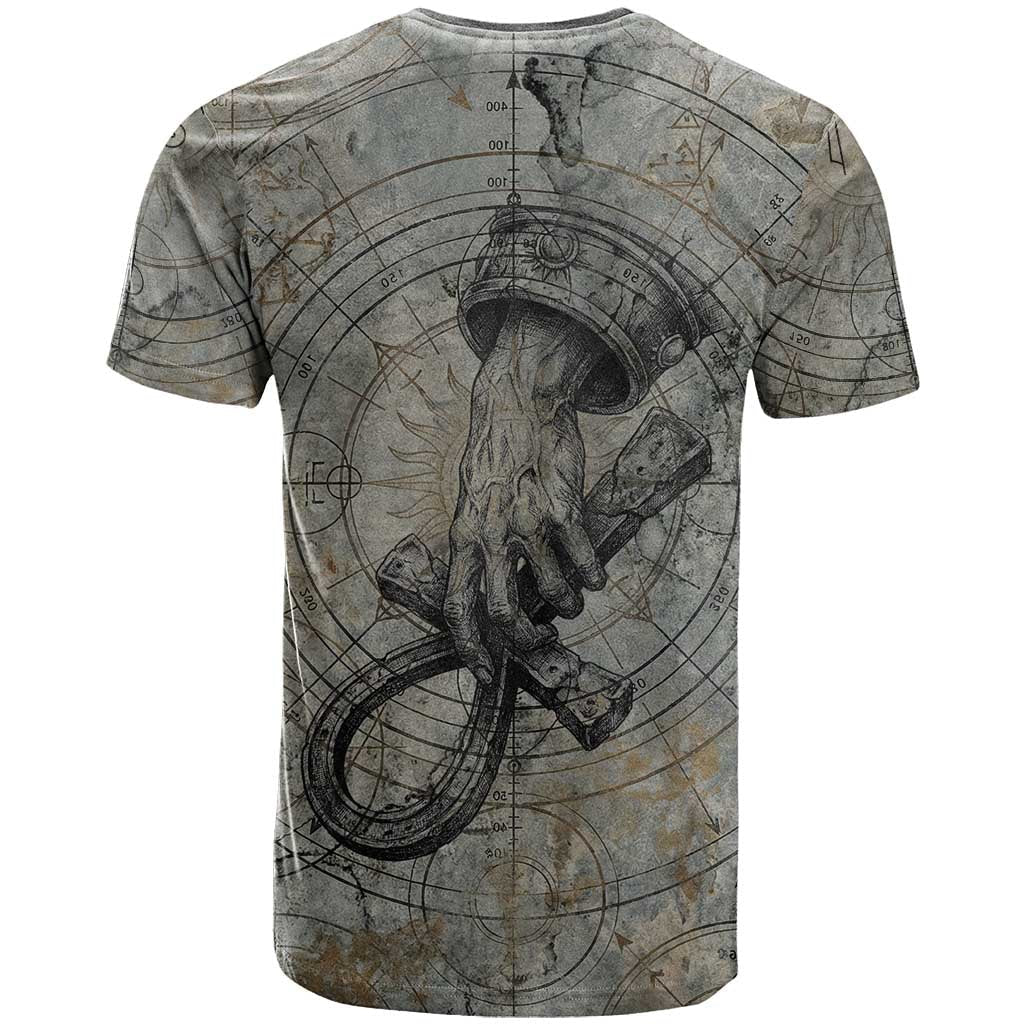 Aten Ancient Egyptian T-Shirt with Gray Astronomical Chart, Radiant Sun Disc Emblem, and Ankh Graphic Tee