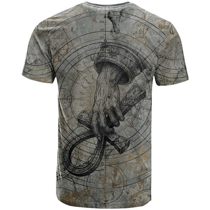 Aten Ancient Egyptian T-Shirt with Gray Astronomical Chart, Radiant Sun Disc Emblem, and Ankh Graphic Tee