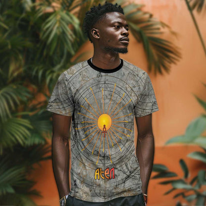 Aten Ancient Egyptian T-Shirt with Gray Astronomical Chart, Radiant Sun Disc Emblem, and Ankh Graphic Tee