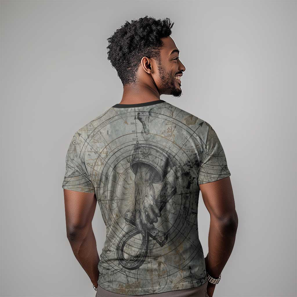 Aten Ancient Egyptian T-Shirt with Gray Astronomical Chart, Radiant Sun Disc Emblem, and Ankh Graphic Tee