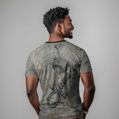 Aten Ancient Egyptian T-Shirt with Gray Astronomical Chart, Radiant Sun Disc Emblem, and Ankh Graphic Tee