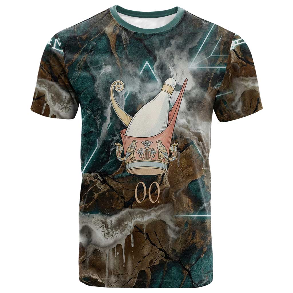 Atum T-Shirt Ancient Egyptian Teal Marble Smoke, Solar Barque Crown, Creator Deity Statue Graphic Tee