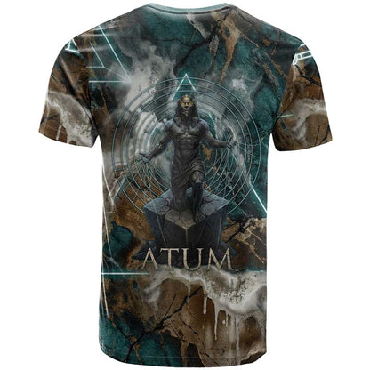 Atum T-Shirt Ancient Egyptian Teal Marble Smoke, Solar Barque Crown, Creator Deity Statue Graphic Tee