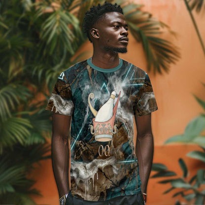 Atum T-Shirt Ancient Egyptian Teal Marble Smoke, Solar Barque Crown, Creator Deity Statue Graphic Tee
