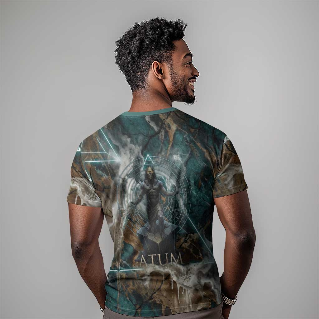 Atum T-Shirt Ancient Egyptian Teal Marble Smoke, Solar Barque Crown, Creator Deity Statue Graphic Tee