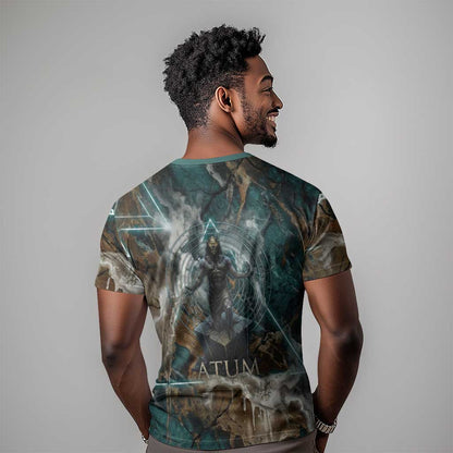 Atum T-Shirt Ancient Egyptian Teal Marble Smoke, Solar Barque Crown, Creator Deity Statue Graphic Tee