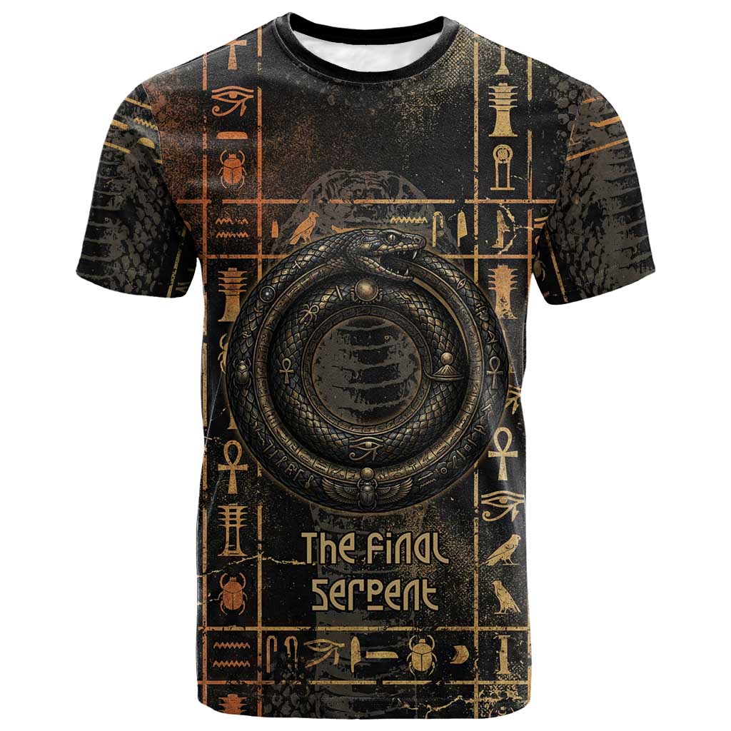 Atum Ancient Egyptian T-Shirt with Dark Hieroglyph Grid, Ouroboros Serpent Ring and The Final Serpent Graphic Tee