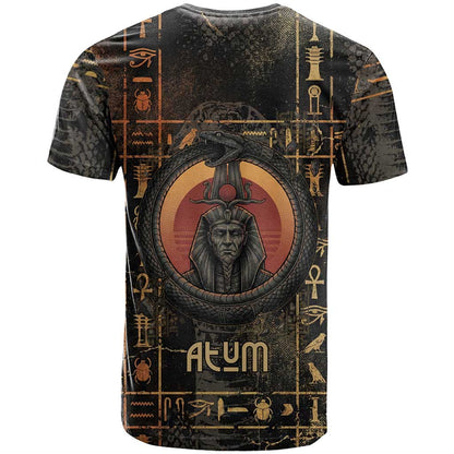 Atum Ancient Egyptian T-Shirt with Dark Hieroglyph Grid, Ouroboros Serpent Ring and The Final Serpent Graphic Tee