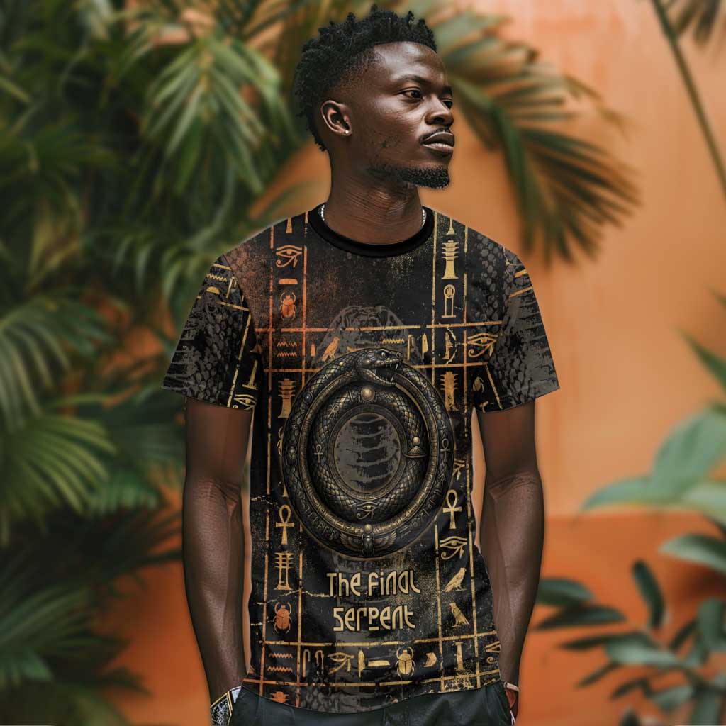 Atum Ancient Egyptian T-Shirt with Dark Hieroglyph Grid, Ouroboros Serpent Ring and The Final Serpent Graphic Tee