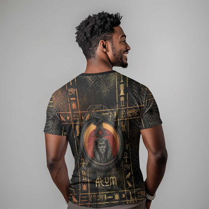Atum Ancient Egyptian T-Shirt with Dark Hieroglyph Grid, Ouroboros Serpent Ring and The Final Serpent Graphic Tee