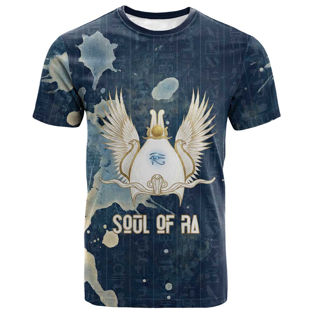 Bennu Ancient Egyptian T-Shirt with Deep Blue Ink Wash, Winged Bennu Bird and Soul of Ra Graphic Tee
