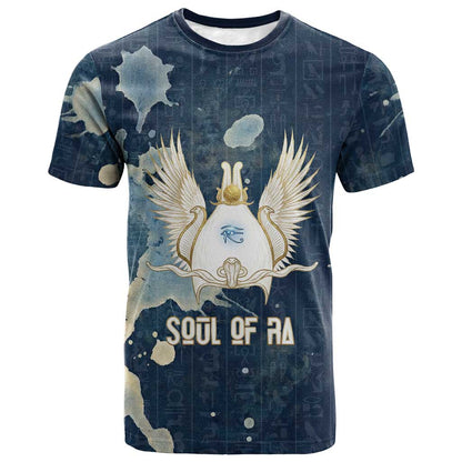 Bennu Ancient Egyptian T-Shirt with Deep Blue Ink Wash, Winged Bennu Bird and Soul of Ra Graphic Tee