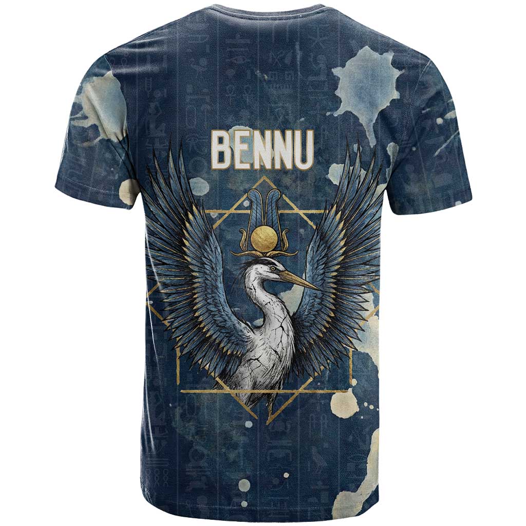 Bennu Ancient Egyptian T-Shirt with Deep Blue Ink Wash, Winged Bennu Bird and Soul of Ra Graphic Tee