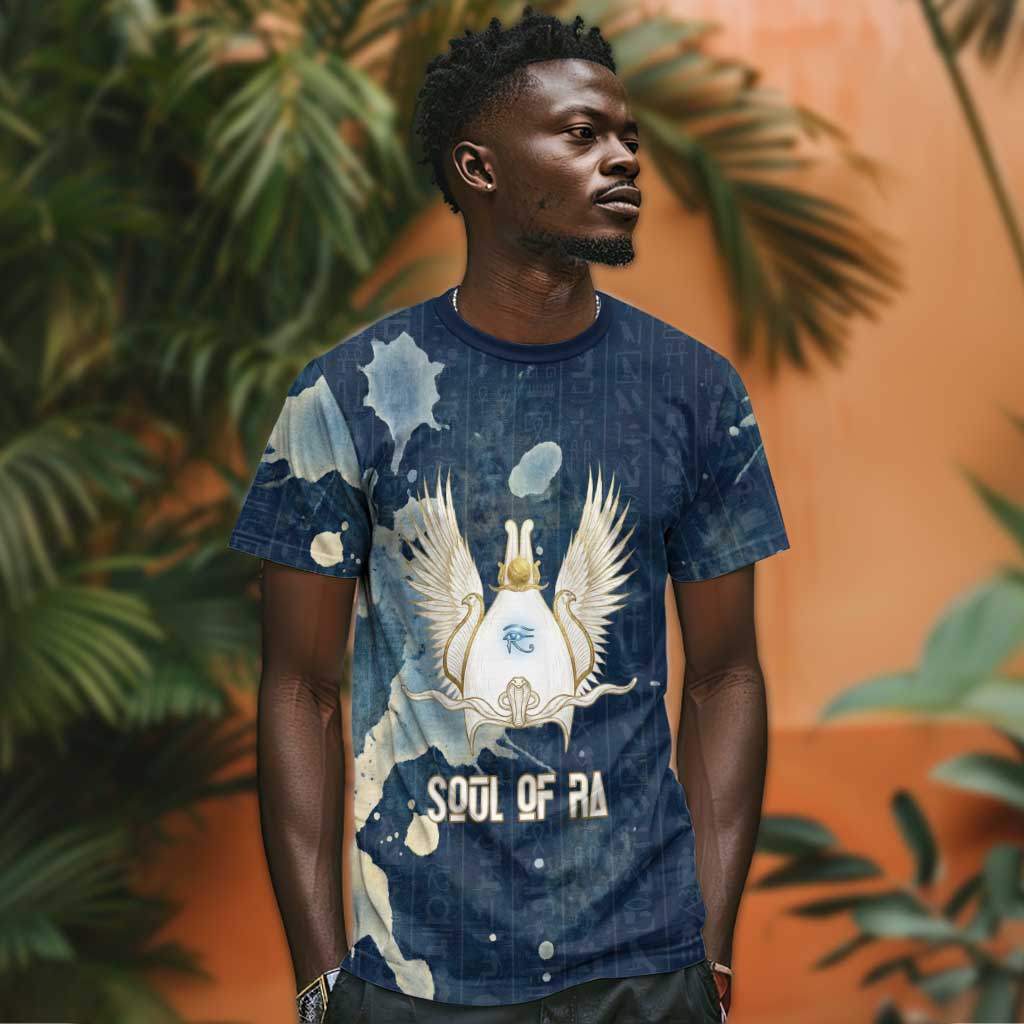 Bennu Ancient Egyptian T-Shirt with Deep Blue Ink Wash, Winged Bennu Bird and Soul of Ra Graphic Tee