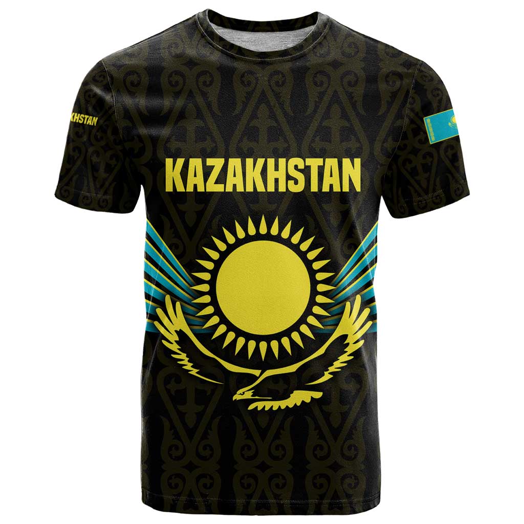 Kazakhstan National Emblem T-Shirt with Black Tribal Pattern and Sun Eagle Motif Graphic Tee
