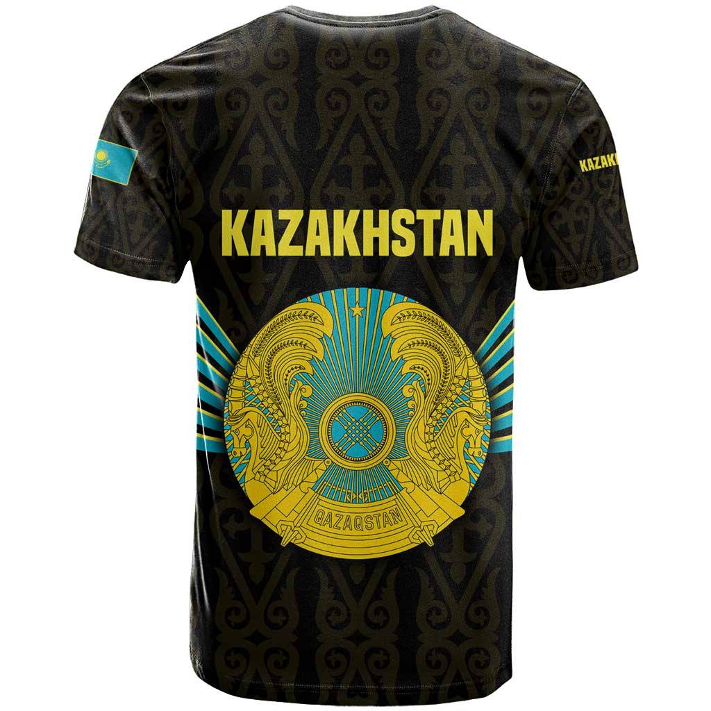 Kazakhstan National Emblem T-Shirt with Black Tribal Pattern and Sun Eagle Motif Graphic Tee