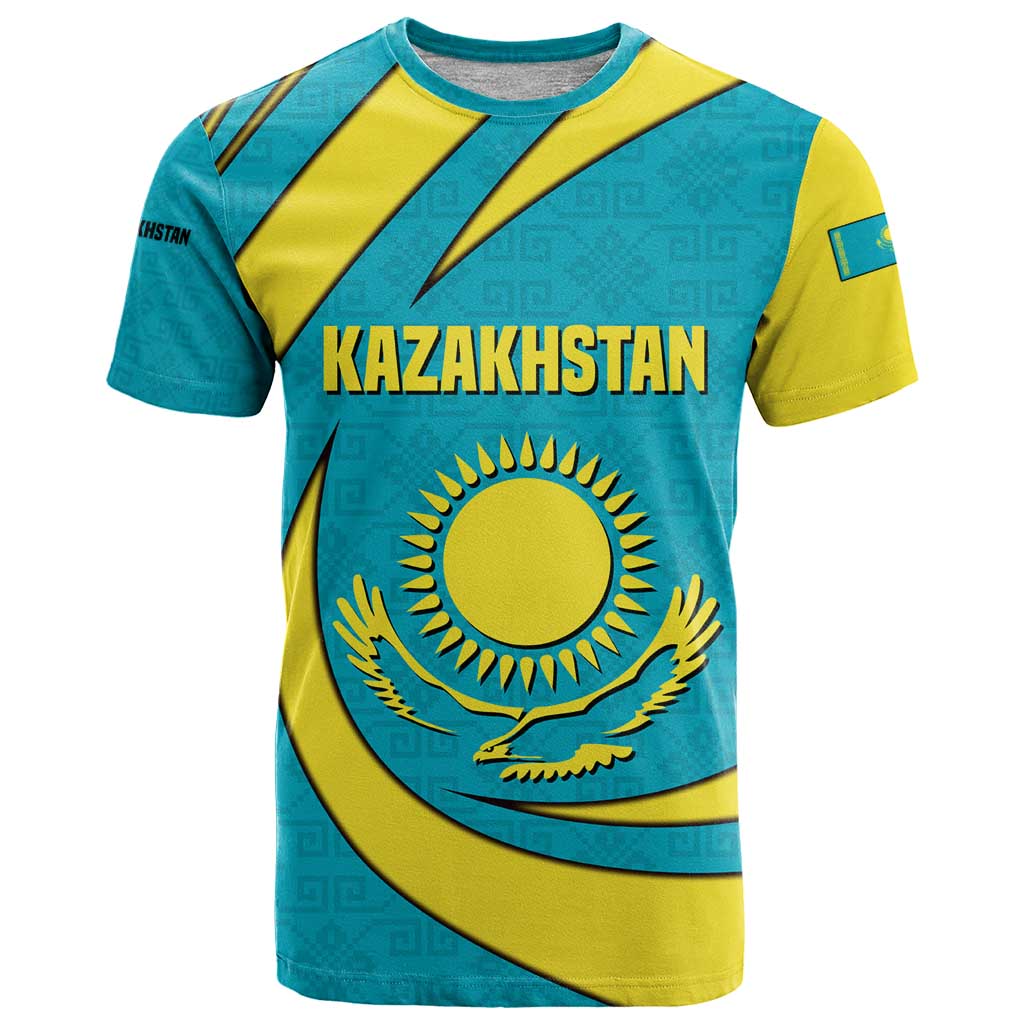 Kazakhstan National Flag T-Shirt with Mangilik El Bald Eagle and Blue Tribal Pattern Graphic Tee