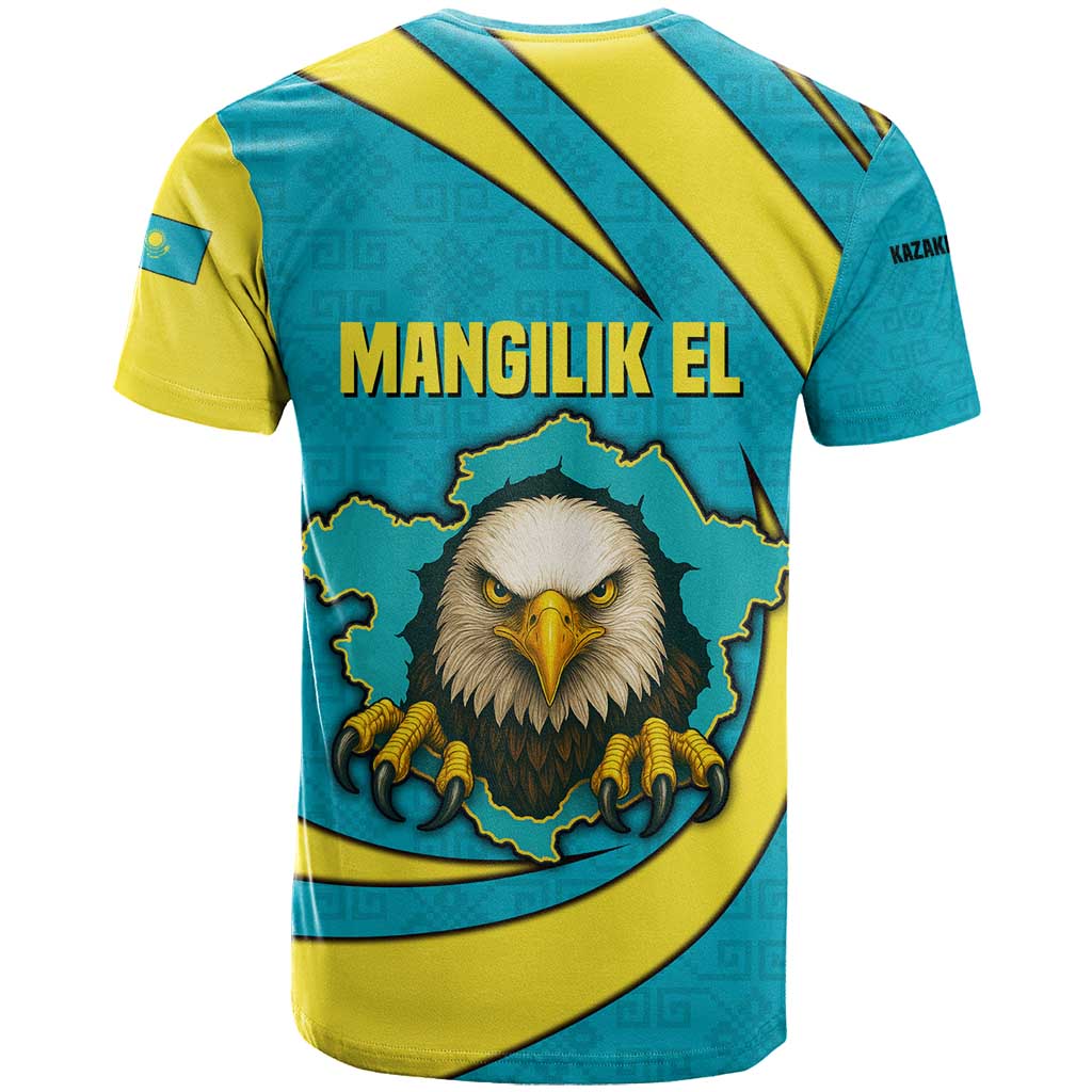 Kazakhstan National Flag T-Shirt with Mangilik El Bald Eagle and Blue Tribal Pattern Graphic Tee