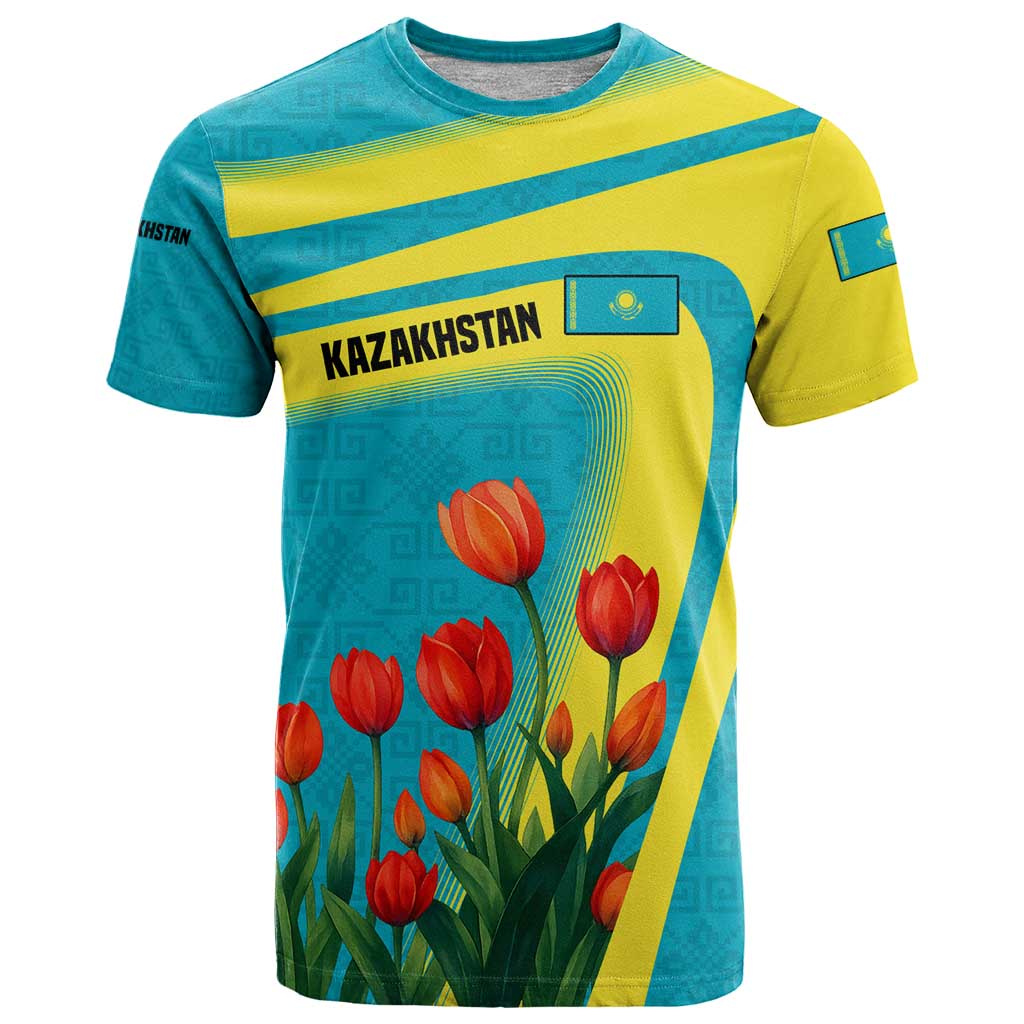 Kazakhstan National Flag T-Shirt with Red Tulip Bloom and Blue Yellow Ethnic Motif Graphic Tee
