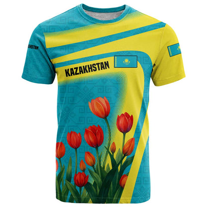 Kazakhstan National Flag T-Shirt with Red Tulip Bloom and Blue Yellow Ethnic Motif Graphic Tee