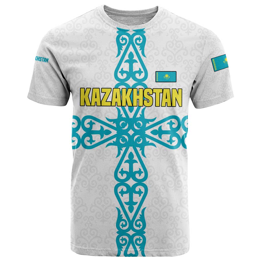 Kazakhstan National Symbols T-Shirt with Tribal Animal Crest and Blue Ethnic Motif on White Graphic Tee