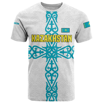 Kazakhstan National Symbols T-Shirt with Tribal Animal Crest and Blue Ethnic Motif on White Graphic Tee
