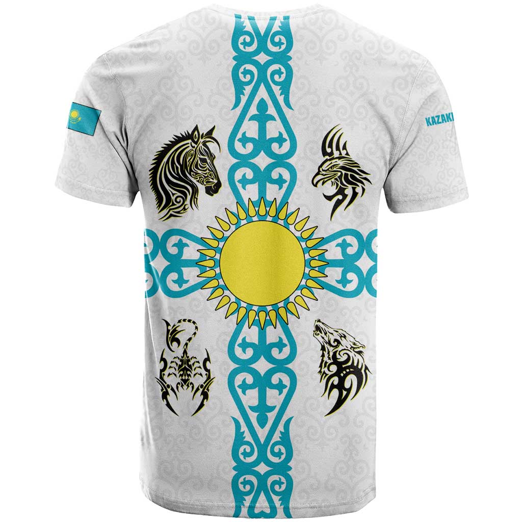 Kazakhstan National Symbols T-Shirt with Tribal Animal Crest and Blue Ethnic Motif on White Graphic Tee
