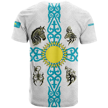Kazakhstan National Symbols T-Shirt with Tribal Animal Crest and Blue Ethnic Motif on White Graphic Tee
