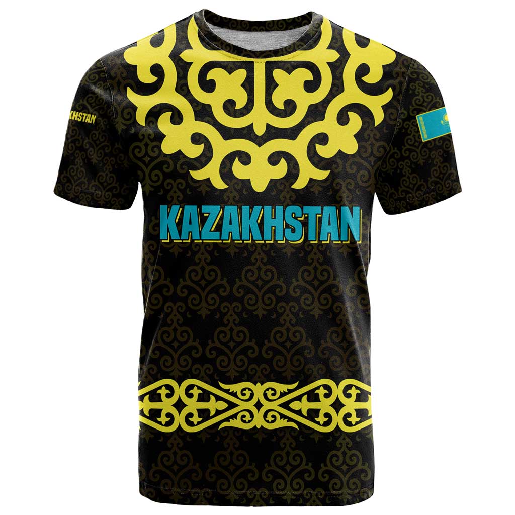 Kazakhstan Born Free Riding Far T-Shirt with Wild Horses and Gold Tribal Pattern on Black Graphic Tee