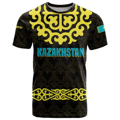 Kazakhstan Born Free Riding Far T-Shirt with Wild Horses and Gold Tribal Pattern on Black Graphic Tee