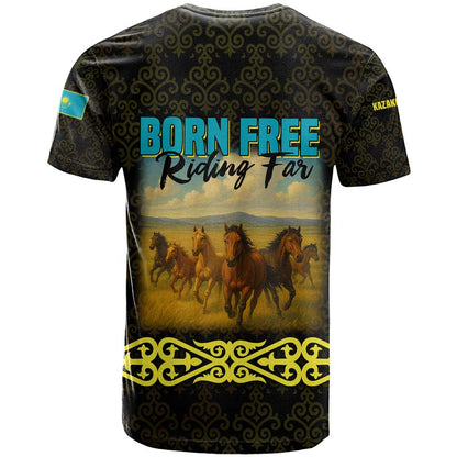 Kazakhstan Born Free Riding Far T-Shirt with Wild Horses and Gold Tribal Pattern on Black Graphic Tee