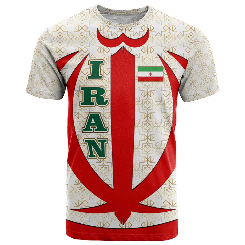 Iran Flag Pattern T-Shirt with Bold Red National Emblem Design Graphic Tee