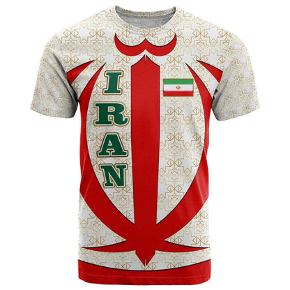 Iran Flag Pattern T-Shirt with Bold Red National Emblem Design Graphic Tee