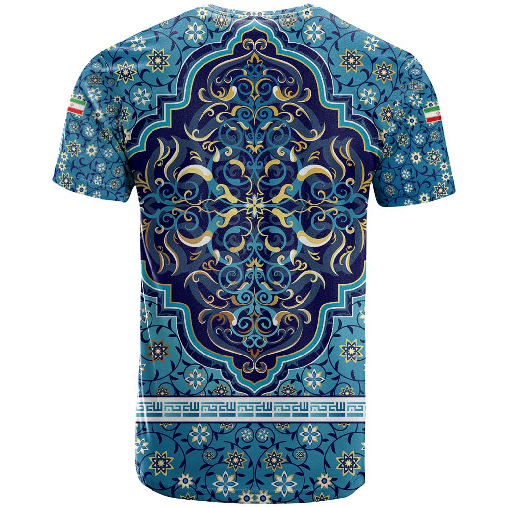 Iranian Mosaic Art Pattern T-Shirt with Persian Calligraphy and Flag Accents Graphic Tee